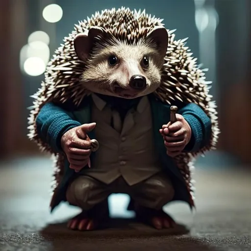 Prompt: A realistic hedgehog as John Wick in action.