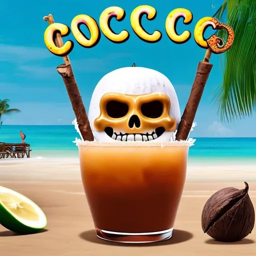 Prompt: create a logo of a new bar called coco loco, coconut smiling crazily must be on the logo, with a coctail in hand,  it shall have an eye patch as a pirate and cigar in the other hand, like a party style with beach behind







