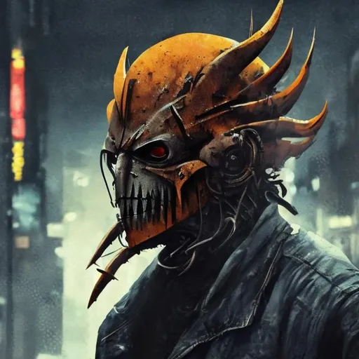 Prompt: Redesigned Gritty Very dark navy blue, gold and burnt orange evil phantom-wolverine. Injured. Bloody. Hurt. Damaged mask. Accurate. realistic. evil eyes. Slow exposure. Detailed. Dirty. Dark and gritty. Post-apocalyptic Neo Tokyo. Futuristic. Shadows. Sinister. Armed. Fanatic. Intense. 