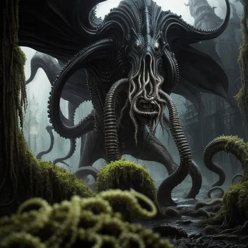 Prompt: fantasy, lovecraftian creature, horror, alien squid hybrid, dark eyes, polymorph, 4k, sharp focus, studio photo, intricate details, highly detailed, by clint langley,, overgrown post apocalyptic, 
