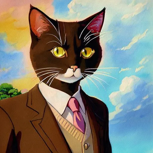 Prompt: A painting of cute cat wearing a suit, natural light, with bright colors, by Studio Ghibli