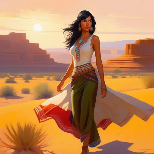 Prompt: Third person, gameplay, Mexican-American girl, olive skin, black hair, brown eyes, modern, New Mexico, desert, sunny hot weather, warm atmosphere, cartoony style, extremely detailed painting by Greg Rutkowski and by Henry Justice Ford and by Steve Henderson 

