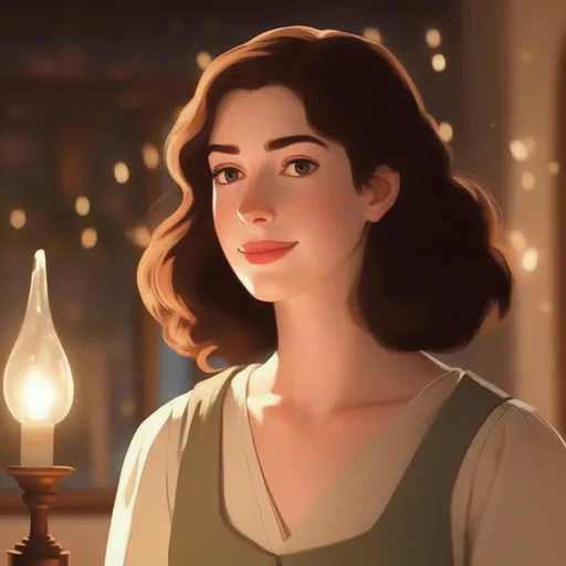 Prompt: ghibli movie character based off of anne hathaway, consistent lighting and mood throughout