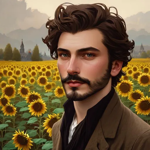 Prompt: Splash art portrait of ruggedly handsome, androgynous, feminine, dark brown haired man with short hair, very light facial hair stubble, 30 years old, in a sunflower field, victorian light clothes, elegant, highly detailed, intricate, smooth, sharp focus, artstation, digital painting, concept art, art by greg rutkowski, alphonse mucha and John William Waterhouse, light, romantic, happy, soft, gentle, golden, warm, summer