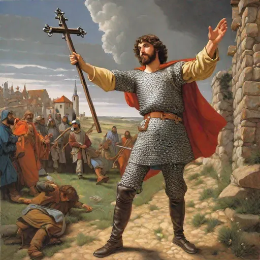 Prompt: Fish-eye view. Action pose. Full body image. Head-to-toe. 21 years old AD&D Cleric. He is wearing a bright shiny iron chainmail armor. He is brandishing one medieval battle-mace in his right hand. Historically realist. Chubby. He is holding a crucifix in his other hand
