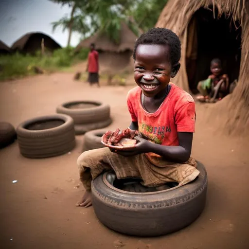 Prompt: A small African child sitting on a tire smiles while eating meat out of a small tin while living in a small elephant dung hut adjacent to a disgusting polluted river. 

