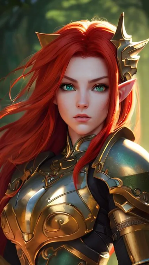 Prompt: highest quality stylized character concept masterpiece, award winning digital 3d oil painting art, hyper-realistic, intricate, 64k, UHD, HDR, image of a beautiful paladin elf-girl with red-hair, green eyes, highly detailed face, hyper-realistic facial features, perfect anatomy in perfect composition of professional, long shot, sharp focus photography, cinematic 3d volumetric, dramatic lighting with backlit backlight, {{sexy}}, aiming down sights.