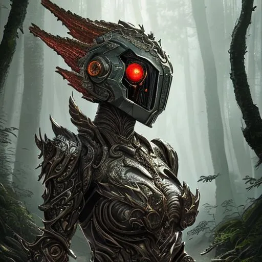 Prompt: full body portrait of a female warforged with a draconic appearence, dragon shaped helmet, dark fantasy, surreal, hyper realistic, hdr, micro details, forest background, perfect composition, hyperrealistic, super detailed, 8k, high quality, trending on artstation, sharp focus, studio photo, intricate details, highly detailed, creative