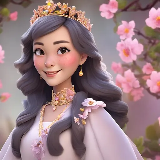 Prompt: A lady who is kind and likes flowers. She is a queen and has an authoritative look in her eye but a polite smile, she is wearing a flower tiara