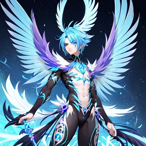 Prompt: Male harpy. He has blue and purple feathers on his face and his hair is made of peacock feathers. He has large wings. He has a long tail covered in feathers. He has black claws. He has bioluminescent tattoos on his skin.