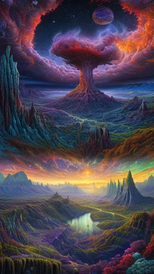 Prompt: , beautiful fantasy landscape,  realistic and natural,  cosmic sky,  detailed full-color,  nature,  hd photography,  fantasy by john stephens,  galen rowell,  david muench,  james mccarthy,  hirō isono,  realistic surrealism,  elements by nasa,  magical,  detailed,  alien plants,  gloss,  hyperrealism, cosmic