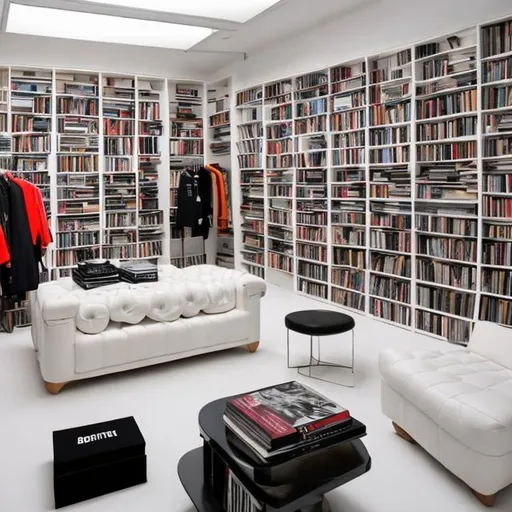 Prompt: People wearing streetwear clothes in a white room that has 
books surrounding them