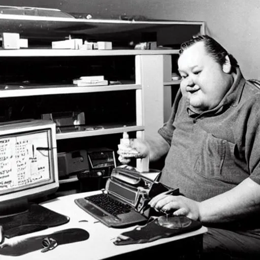 Prompt: old fat computer technician with a beer