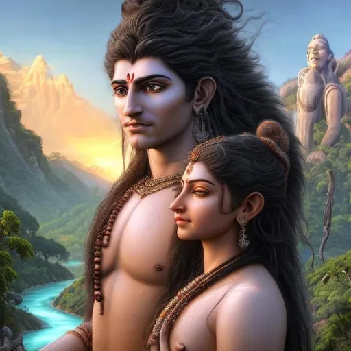 Prompt: Shiva and Parvati if was a human. white skin color. hd , 8k, hyper realism, Very detailed, zoomed out view, full character in view, no cloths giantess Beautiful God and Goddess realistic standing, detailed face, master piece, With  ( A tropical mountain valley, river, a red sunset, valley, giant trees, waterfall, + dreamy natural colors, painting by michealangelo, dreamy colors, intricate details + diffused light + fantasy painting + surrealistic + ultra realistic + unreal engine) in the Background