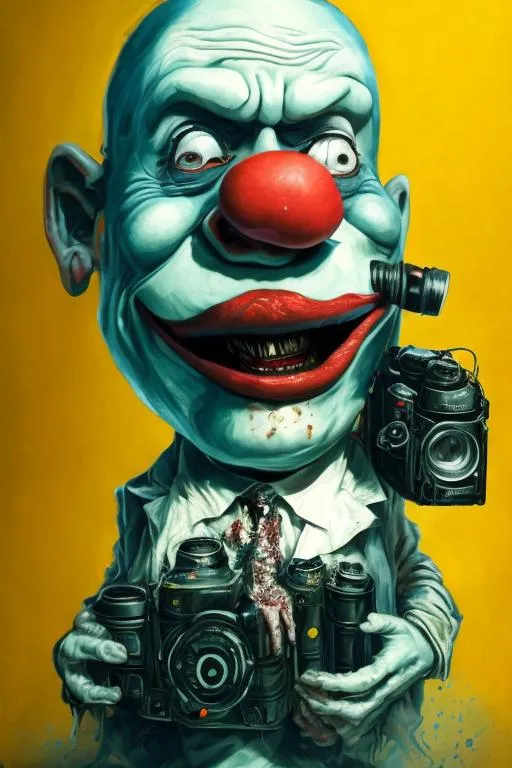 Prompt: Ugly smiling clown holding big photographic camera.  Standing on the street. Peple walking. Scarry. hyper detailed, trending on artstation, beautiful, radiant, ralph steadman, oil on canvas, beksinski, yellow and green