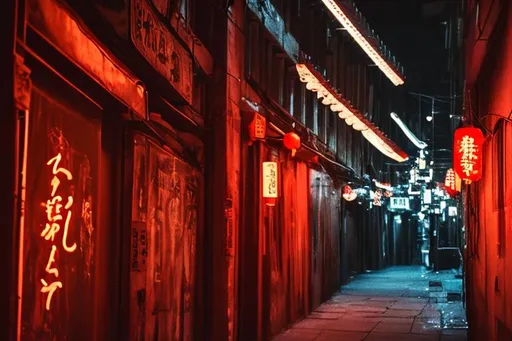 Prompt: Dark alley night china town depth of field to the right red neon lights