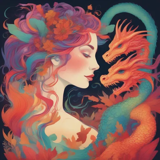 Prompt: A colourful and beautiful Persephone, with her hair being made out of magic, with a dragon in a painted style