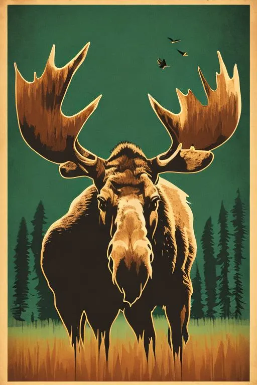 Prompt: Nature poster with a moose in the style of Joseph Binder 