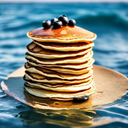 Prompt: A stack of 5 pancakes sitting on a surfboard in the ocean. Realistic 