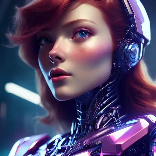 Prompt: a beautiful robot red head woman, feminine look, soft skin, retro like, octane rendered 4k, hyperrealism, highly detailed, futuristic look, cinema 4k, lots of details, blue and purple background with stars, epic look, portrait 9:16