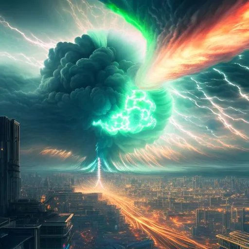Prompt: insane, anime character with green & white, wavy hair riding a nuclear atom bomb that's falling from the sky with a burnt city below them, nuclear symbol eyes, smiling, foggy background, zoomed out, aesthetic mask, scars, HD, 4K, vibrant colors that clash with dull background 