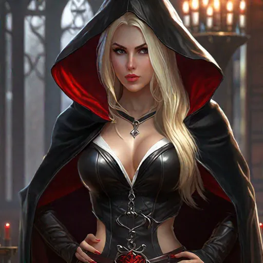 Prompt: Game art, fantasy, Beautiful busty seducer, goth, (crop top:1.5), black leather clothed, blond hair, pale skin, hooded red cloak, full body, 4k4k {{{{highest quality concept art masterpiece}}}} 4k, 128k UHD HDR.