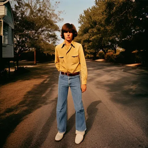 Prompt: william eggleston young man in the road (saturated color) 70s ragged dirty gritty trees cars trucks street 501s [35mm]