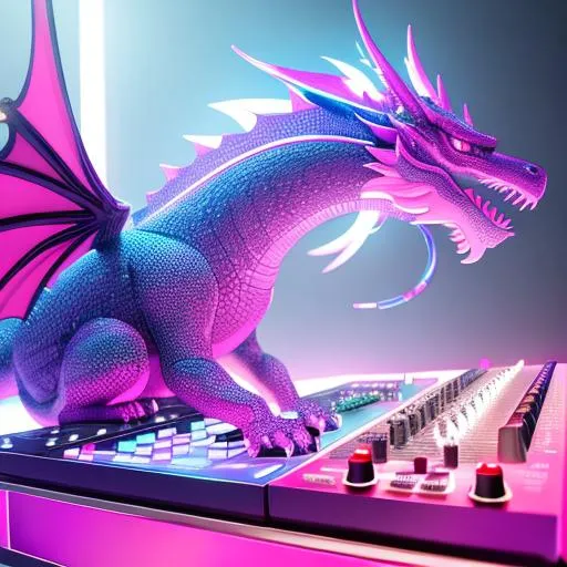 Prompt: A photo of a dragon sculpture headphones djing, photorealistic, vaporwave themed art, very glossy and shiny scales, reflective, perfect composition, hyperrealistic, super detailed, 8k, high quality, trending art, trending on artstation, sharp focus, studio photo, intricate details, highly detailed, Trending on Artstation, Cozy wallpaper, Pastel colors, soft lighting