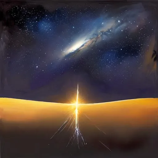 Prompt: artwork of star falling on a desert, dark sky, nebula and stars in the background on horizon.
Beautiful painting. 