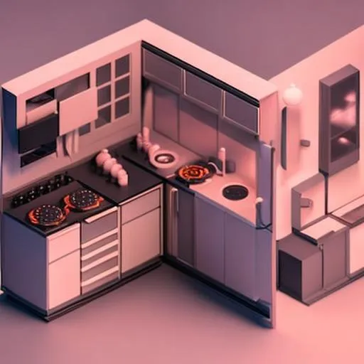 Prompt: Tiny cute isometric kitchen in a cutaway box, cyberpunk, soft smooth lighting, soft colors, 100mm lens, 3d blender render