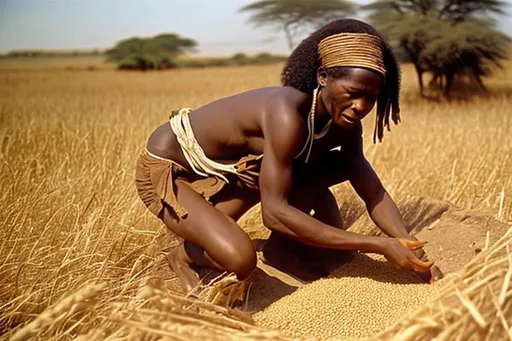 Prompt: Neolithic African woman in a loincloth collecting millet in a field