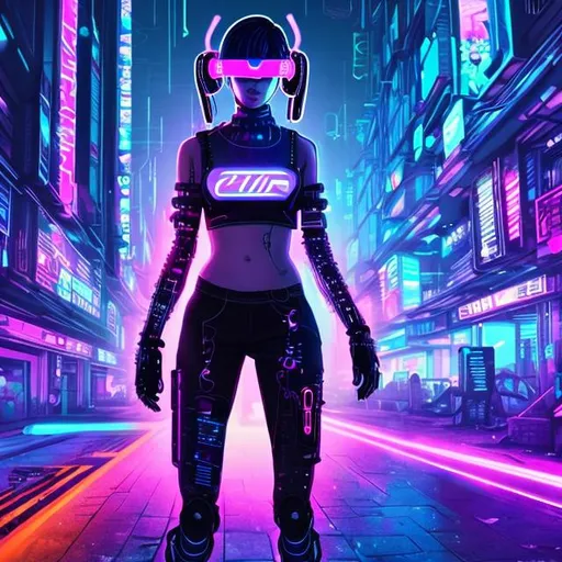 Prompt: Cyber punk woman , wearing headphones, walking in a cyberpunk city, colorful, neon, night time, 