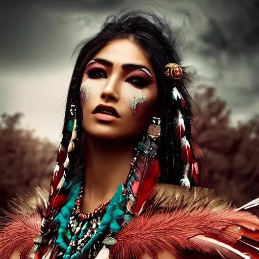 Prompt: A pretty and colorful Apache woman with feathers, in the style of dark green and scarlet red, pine and snow background, realistic and hyper – detailed renderings, stefan gesell, aztec art, machine aesthetics, uhd image, dark white and turquoise, morbid, grim dark, wet, dark, very detailed, rendered in octane, wet, dense atmospheric, epic, dramatic, photorealistic, hyper ornate details, clear and sharp, only one person, only one face, Art by Stanley Artgerm Lau, Art by Genzoman, Art by Joe Madureira, Art by BlushySpicy, Art by Stjepan Sejic, Art by J Scott Campbell, Art by Guillem March, Art by Citemer Liu, Art by Kenneth Rocafort, 4k, High resolution, Comic book, Comic book character, Comic, High quality, Super high quality model, Production cinematic character rendering, Vivid, Highly detailed, Epic, Intricate, Cgsociety trending, Centered, Minidemo, Thoughtful, Intricate details, Ink cloud, Splash, Expansive, Elegant, Intricately detailed, Concept art, 8k, photo illustration by Marton Bobzert, Maximalism, Volumetric lighting, Natural light, Professional photography, calligraphy, Intricate gouache by Jean Baptiste Monge, photorealistic masterpiece by Aaron Horka and Jeremy Mann, Photorealistic, Masterpiece, 8k resolution, Ink flow, alberto seveso art, detailed gorgeous face, Perfect body proportions, super detailed art photo