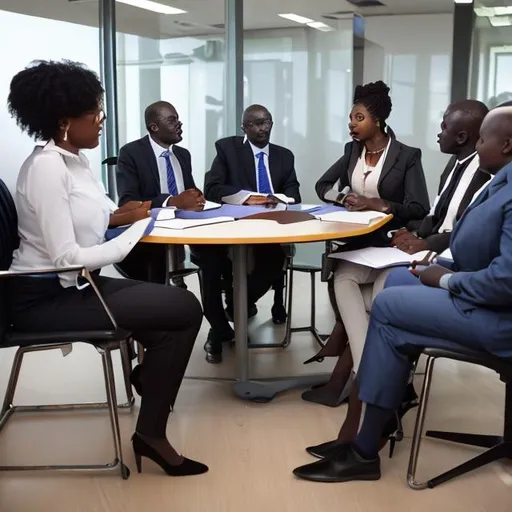 Prompt: a panel of 7 African interviewers with an interviewee. the interviewers are seated at a desk facing the interviewee 
