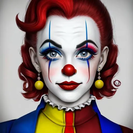 Prompt: ba pretty female clown,primary colors, facial closeup