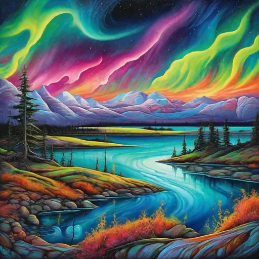 Prompt: landscape with northern lights, surrealistic painting, vibrant colors.