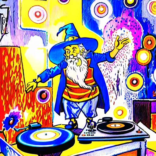 Prompt: Wizard, with a long gray beard, smiling, wearing bluish/purplish clothes, wearing a pointed wide-brimmed wizard hat, standing behind a set of turntables, scratching record with one hand, surrounded by colorful lights, surrounded by abstract lifeforms, detailed, vivid colors, dramatic, graphic novel illustration, 2d shaded retro comic book