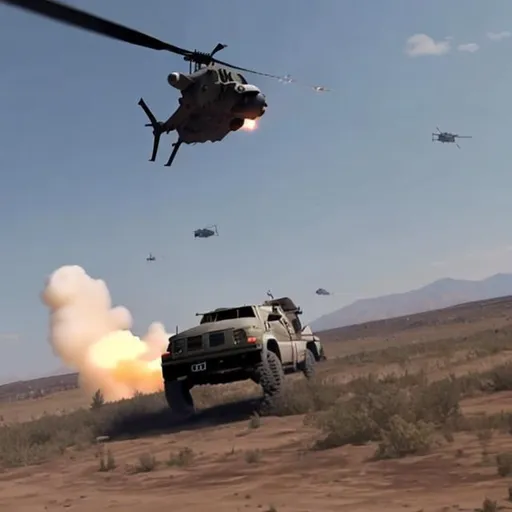 Prompt: an heli gets shot down by an missle truk