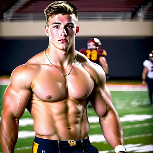 Prompt: Hot college football jock, Wearing uniform pants,Very good looking face. Faded haircut, thick chest