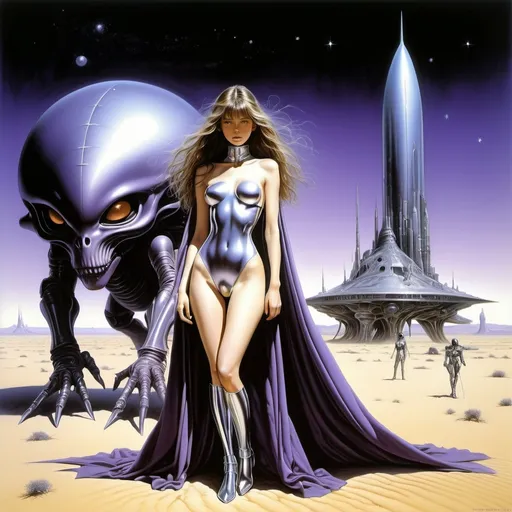 Prompt: Hajime Sorayama, Luis Royo, Surrealism Mysterious strange fantasy. A beautiful girl with long brown hair, a light transparent cape and a perfectly voluminous body stands next to a middle-aged man in a mirrored purple spacesuit holding a sword in his hand.  in the background: a fantastic caravan of alien animals and drivers walking through a sandy desert in another world. dark purple light, bright stars. very detailed