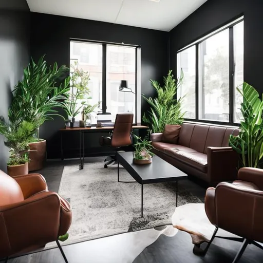 Prompt: Dark modern office with green plant and brown leather couch, black chairs and two windows. 