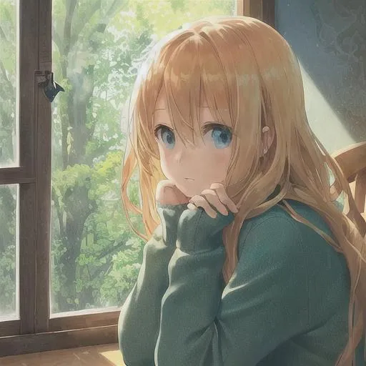 Prompt: a girl sits in front of a window, with her chin resting upon her hands, thinking. golden blonde hair, dressed in blue. half body shot. green trees and sunshine outside the window. water colors. cozy. romantic.