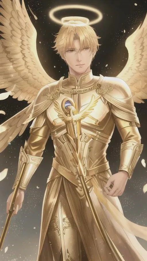 Prompt: Angel, halo, radiant golden light, seraph, six wings, photo realistic, Male, warrior, ancient, wallpaper, St michael, catholic, archangel, handsome, Male face, masculin face, 37 years old, Spears, fire, 16k, full body picture, heavenly, shader, christian