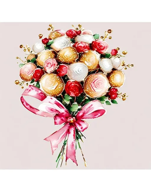 Prompt: cute, watercolour art style, impressionism art style,  romanticism art style, ferrero rocher bouquet, pink, red, gold colour, ribbon with bow around the bouquet, white backround, 