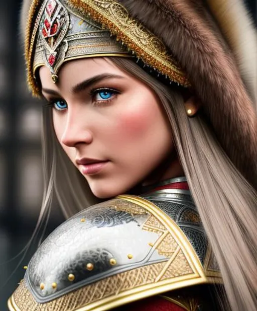 Prompt: long shot super detailed lifelike illustration, intricately detailed, dramatic lighting, large muscles, gorgeous detailed face, wearing armor, girl with long fur  in the Moscow The red place