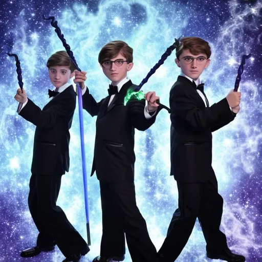 Prompt: 13 year old magic brothers in tuxedos casting a spells with there magic wands