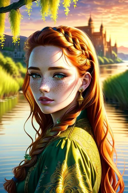 Prompt: Lady of the River, detailed Face, dynamic lighting, #sensual, golden hour, beautiful, colorful, landscape, hyperdetailed, Weeping willows, green grass, flowers, earth art, beautiful, detailed, colorful, golden hour, fantasy, matte background, #messy ginger hair, #freckles, #strong features, #square jaw, #long intricate braids, High cheekbones, sharp features, heart shaped lips #long dark elegant sensual dress, #green eyes, #hourglass figure, concept art, detailed painting, intricate, elegant, highly detailed, oil painting, #large chest, artstation, concept art, smooth, sharp focus, illustration, art by artgerm and greg rutkowski and alphonse mucha and william - adolphe bouguereau , artstation, concept art, smooth, sharp focus, illustration, art by artgerm and greg rutkowski and alphonse mucha and william - adolphe bouguereau, UHD, reflections, octane render, 8k, high quality photo realistic, hyper realism, Very detailed, zoomed out view of character, full body of character, freckles, lord of the rings bandit, #long messy hair