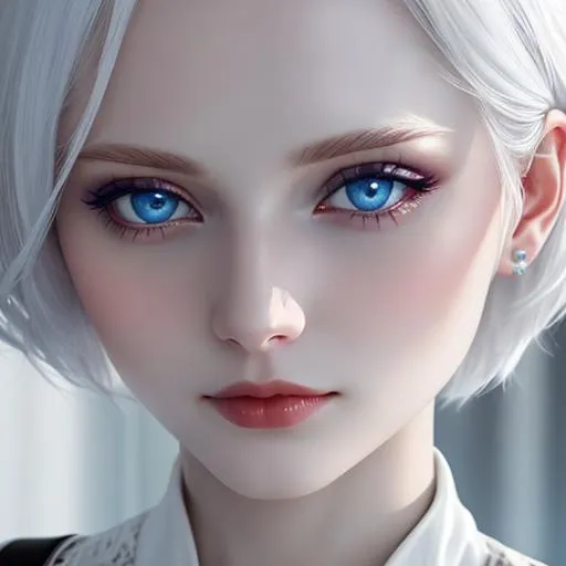 Prompt: A very pale  skinned woman, white hair , very blue eyes, closeup