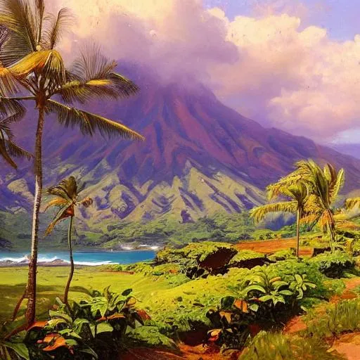 Prompt: A detailed hawaii landscape with in the style of Peder Mork Monsted