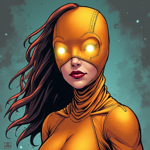 Prompt: superheroine in a  bright tight superhero outfit with a tight fitting head covering superhero mask (((covering hair, head, and face))), with glowing eye holes, realistic comic book themed background.